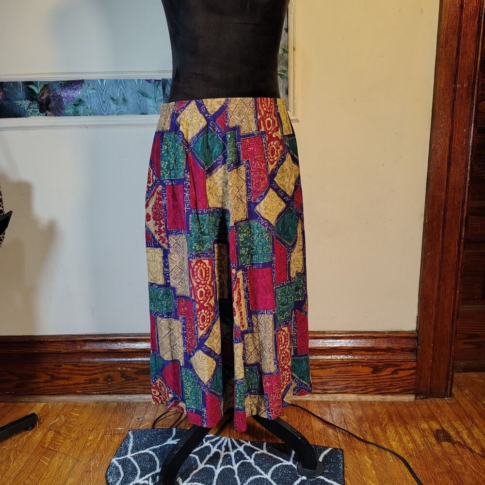 90s Multicolored Patchwork Gypsy Vibrant Mix Geometric Pattern Skirt/T630